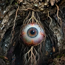 photo of roots growing down from a ceiling in an underground cavern wrapped around an eyeball. Fantasy magic horror style. Highly detailed 8k. Intricate. Nikon d850 55mm. Award winning photography. Hr giger. Zdzislaw beksinski