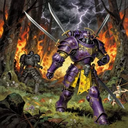 runs away from men on the forest, composition gothic and futuristic, warhammer, many swords, cyber japan style armor, purple and yellow, more scars, fire storm, thunderstorm, the middle ages, highly detailed, artstation, moebius, jugendstil and classic japanese print, art by rene magritte, jean delville