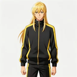 blond male teenager with long hair, wearing a black and yellow tracksuit. art by shigenori soejima, character render