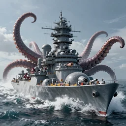 huge tentacles are grabbing modern battle ship in heavy waves, hypermaximalistic, high details, cinematic, 8k resolution, beautiful detailed, insanely intricate details, artstation trending, octane render, unreal engine