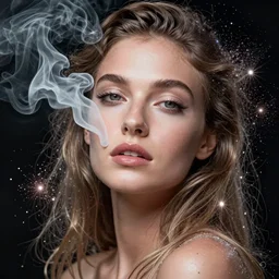 liquid smoke beauty portrait, explosion of cosmic dust and sparkles, artgerm, ross tran, ismail inceoglu, sylvain sarrailh