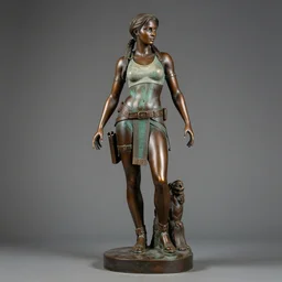 detailed studio photo of old bronze patina statue lara croft, full body portrait, various bending poses, photorealism, intricate detail, museum diffuse lighting