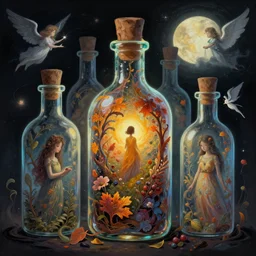 Hell and heaven, captured in bottles, a heart full of envy, The Autumn Plague Gardener, Some cosmic angels, digital painting, its softness partakes of fluidity, illustration, deep dark, artstation, intricate, biodiversity in a world of change and constancy, ue5, by deiv calviz and bossmonsterbani