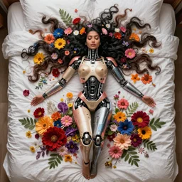 a beautiful intricate fine art portrait photo of an indian cyborg with bionic implants, epic wavy hair spread out around her lined with beautiful colorful flowers, lying on a white bed, by natalie shau and james christensen, masterpiece!, top view, studio lighting, golden ratio composition, 3 5 mm lens, deep depth of field, artstation, 8 k