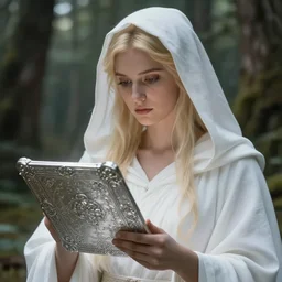 closeup shot of the goddess of memory recording history on a sacred silver tablet in a forest, white hood, white robes, blonde, fantasy, magical, realistic and detailed, spiritual, supernatural, intricate, elegant, highly detailed, digital painting, trending on artstation, by wlop, 4 k octane render