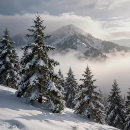 snowy pine tree landscape, foggy mountain