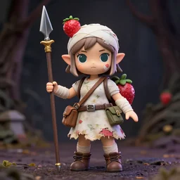 a dramatic femo figurine of a cute funny spear wielding strawberry fairy survivalist with bandages wearing a dirty floral torn dress featured on left 4 dead by studio ghibly and gamesworkshop, carrying survival gear, wearing strawberry backpack, using a modelling knife as a spear, dark foreboding atmosphere, 🎀 🗡 🍓 🧚