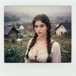 tempting peasant girl with deep seductive décolleté looking in the camera, on a village, high angle view, portrait, Cinematic focus, Polaroid photo, vintage, neutral colors, soft lights, foggy, by Steve Hanks, by Serov Valentin, by lisa yuskavage, by Andrei Tarkovsky 8k render, detailed, oil on canvas