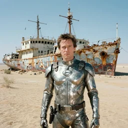 1 9 9 3, disposable camera, flash, pov, super 8 mm, kurt russell in metal bodysuit, guns, a rotten, derelict ship in the desert in the background