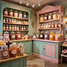 Inside an old fashioned sweet shop, large sweet jars on shelves, beautiful brand labels, fantasy vendor interior, wide angle, cinematic, highly detailed, cinematic lighting, blender, trending on cgsociety, colorful, trending on artstation