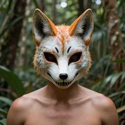 ( ( ( ( ( hyperrealist distant portrait of a man wearing a skull fox mask in the jungle. ) ) ) ) ) by michelangelo, fantasy, photorealistic, octane render, unreal engine, dynamic lighting, trending on artstation, poster, volumetric lighting, very detailed faces, 4 k, award winning