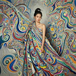 photo of a gorgeous young woman in the style of Ruan Jia, draped in flowing fabric, colorful impasto brush strokes, realistic, sharp focus, 8k high definition, insanely detailed, intricate, elegant, art by Guy Denning and Jeremy Mann