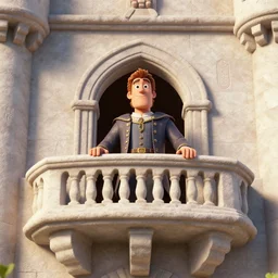 A 3D render of Max Caulfield on the balcony of a castle