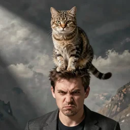 a cat sitting on an angry man's head, stock photo