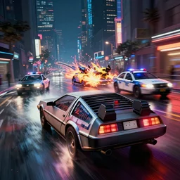 photo of the back to the future combat delorean being chased by police on wet cyberpunk city streets at night, rocket league tank, mad max, action, speed, volumetric lighting, hdr, gta 5, makoto shinkai, syd mead, craig mullins, cinematic, fast and furious, octane, 8 k, iso 1 0 0, 1 2 mm