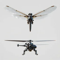 a mechanized dragonfly wing spread out, with a rotor blade, orthographic view, top down view, bottom view, side view, rotor, mecha, helicopter blade, drone, drone lift, robotic, highly detailed, artstation, super realistic, unreal engine