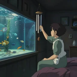 beautiful scene render of a person watching in the aquarium, dimly lit bedroom, shaking wind chime, perfectly shaded, atmospheric lighting, style of makoto shinkai and peter mohrbacher, studio ghibli. artgerm, karol bak, beeple, animation style, 8 k hd, ultra wide angle, hyper detailed