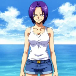 style of madhouse studio anime, black lagoon manga, loish, artgerm, rafael albuquerque comic art, portrait of revy from black lagoon, symmetrical eyes and symmetrical face, jean shorts, white tank top, purple hair, sarcastic evil smirk on face, sky and ocean background