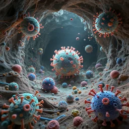 the inside of a cavernous microbiological landscape filled with alien cellular forms and anthropomorphic viruses, microscopic photography