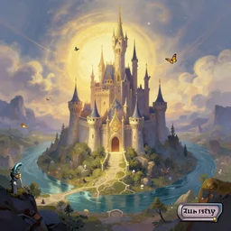 stylized digital illustration of a mountaintop magic castle surrounded by a moat, by john berkey, magic the gathering art, artifacted, butterflys, close up, dynamic key lighting, breezy, dreamy, volumetric lighting, ethereal, alphonse mucha, stephen bliss, loish, rhads, ferdinand knab