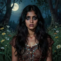 a beautiful but creepy young indian woman in layers of fear, with haunted eyes, violence in her eyes, wearing a punk outfit, 1 9 7 0 s, seventies, delicate embellishments, a little blood, woodland, moonlight shining on wildflowers, painterly, offset printing technique, by alexandre cabanel