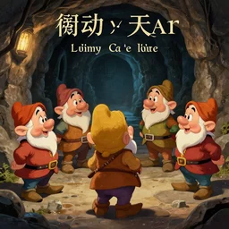 photograph of the 7 dwarves exploring a dungeon, captioned