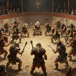 painting of a single dwarven berserker facing a crew of crazy goblin warriors in deadly combat on a gladiator pit, sharp focus, high symmetry, award - winning, trending on artstation, masterpiece, highly detailed, intricate. art by terese nielsen