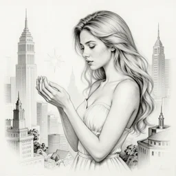a sketch drawing, ultra detailed, proportional, attentive, magic, love, beautiful woman, surreal city, in style of jean - michel basquiat, trending on artstation