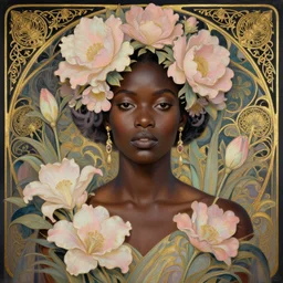 African woman, flowers, dark pastel color scheme, jugendstil background, gold filigree, by karol bak, by emil melmoth, by Daniel Gerhartz, intricate, highly detailed, digital painting, artstation, concept art, smooth, sharp focus, illustration