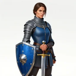 woman chain mail, blue surcoat, female, strong, middle age, fantasy, digital art, awar winning, hand on the sword, with shield down by loles romero