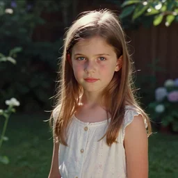 Home video footage, A girl playing in the garden, summer. Color VHS picture quality with mixed noise, Filmed by dad.
