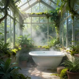 traditional bathroom!!!! greenhouse! misty, soft reflections, glass windows, plants, moss, dramatic lighting, highly detailed, intricate, digital art, digital painting, atmospheric, vibrant colors, godrays, fantasy, artstation