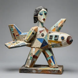 sculpture of 🛩, made of recycled materials, detailed, cubism, full color hd