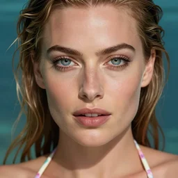 margot robbie wearing a shell bikini in atlantis, piercing eyes, highly detailed face, realistic face, beautiful detailed eyes, fantasy art, in the style of greg rutkowski, illustration, epic, fantasy, intricate, hyper detailed, artstation, concept art, smooth, sharp focus, ray tracing, vibrant, photorealistic