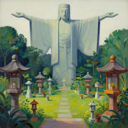 a pagan luscious garden with amazing little altars and japanese plants with a gigantic statue of an ancient god stretching its arms above the garden by beksinski, digital art, oil painting, colorful, artstation, australian tonalism escher, very minimalist and myterious