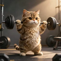 an anthropomorphic cat lifting weights at a gym