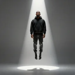 Kanye West levitating into the sky in a beam of light at the end of a concert