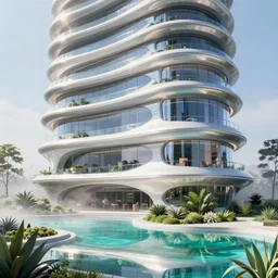 highly detailed futuristic architecture by Richard Rogers, reflective lighting, stylized vegetation, ground-level view, puddles of turquoise water, foggy atmosphere, stunning sunny lighting, sunrise, vivid colors, in the style of pixar animation, trending on Artstation, 8k, matte painting, ray tracing, hyper detailed, unreal engine 5, cinematic, epic lighting, cryengine, octane render, cyberpunk, red and orange glow, vibrant