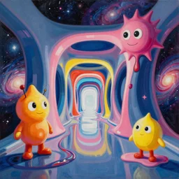 an extremely high quality hd surrealism painting of a 3d galactic neon complimentary-colored cartoon surrealism melting optically illusiony high-contrast zaha hadid futuristic hallway by kandsky and salvia dali the third, salvador dali's much much much much more talented painter cousin, clear shapes, 8k, realistic shading, ultra realistic, super realistic