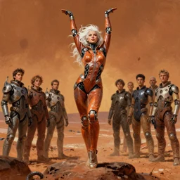 pulp scifi fantasy illustration full body portrait android girl, gymnastique, white hair, in leather spacesuit on mars, by norman rockwell, roberto ferri, daniel gerhartz, edd cartier, jack kirby, howard v brown, ruan jia, tom lovell, frank r paul, jacob collins, dean cornwell, astounding stories, amazing, fantasy, other worlds