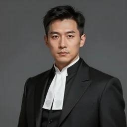 Portrait of a man by Greg Rutkowski, he is about 30 years old, mixture between russian and chinese, short black hair, attractive, smart looking, he is wearing a black futuristic lawyer outfit, highly detailed portrait, scifi, digital painting, artstation, concept art, smooth, sharp foccus ilustration, Artstation HQ