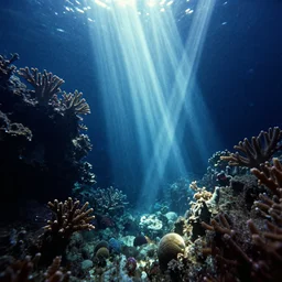 deep underwater, shafts of light piercing and refracting, corals are gemstones, intro to uncut gems, intersecting shafts of refracting light, brilliant, artstation, science, nature documentary, soft light, depth of vision, blur, in the style of georgia o'keefe, wide shot, halftone