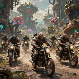 incredibly detailed cinematic shot of a psychedelic post apocalyptic orcish biker gang, artstation, cgsociety