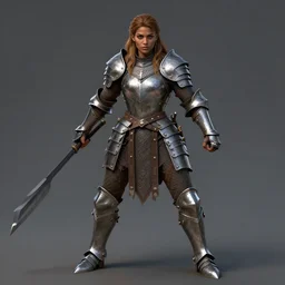 Female barbarian, beautiful, light borwn hair, dark skin, brown eyes, detailed face, fully covering plate armor, greaves, sabatons, battle stance, high fantasy, matte painting