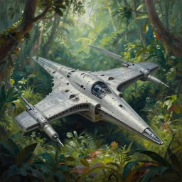 a beautiful painting of a crashed star destroyer ione drive in a lush jungle, ray traced lighting by kalin popov and greg rutkowski