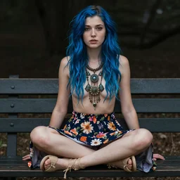 dslr photo of a pretty young woman, full bodied portrait, with blue hair, sitting on a bench wearing a flower skirt, and body and wearing hemp sandals and a very detailed faerie necklace around neck, artgerm, artstation, very high quality face, intricate details, freckles on face, extremely high quality, moody lighting, real camera, real photo, photography by deviantart, 8 k, full subject in shot