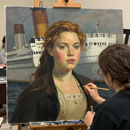 a portrait painting being made of a girl inside titanic