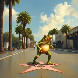 painting of a bipedal frog walking down the hollywood walk of fame, palm trees, francisco goya