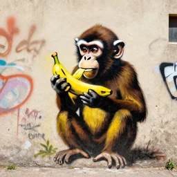 monkey eats a banana, graffiti, photograph, made by banksy, yellow and brown colors, spray brush, midday, sunny, professional