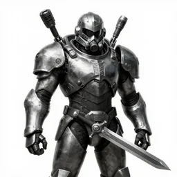 knight pepe, scifi, power armor, mechasuit, medieval pepe, futuristic sword, heavy gun, armored, helmet, military, heavy, modern, gaz mask, black and white, concept art, bust portrait, Nekro, Tom Bagshaw, Craig Mullins, ventail, exsokeleton
